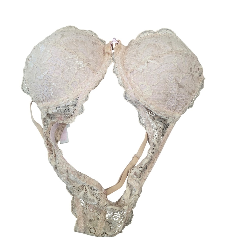 Victoria's Secret PINK Lace Front Close Racerback Push Up Bra Cream 34B
